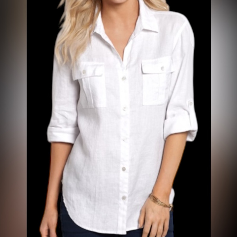 NWOT TOMMY BAHAMA sM quality linen wht shirt-v neck-front pockets-cool/comfy